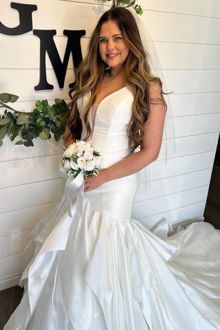 Elegant Mermaid V Neck Satin Wedding Dresses VK24031905
