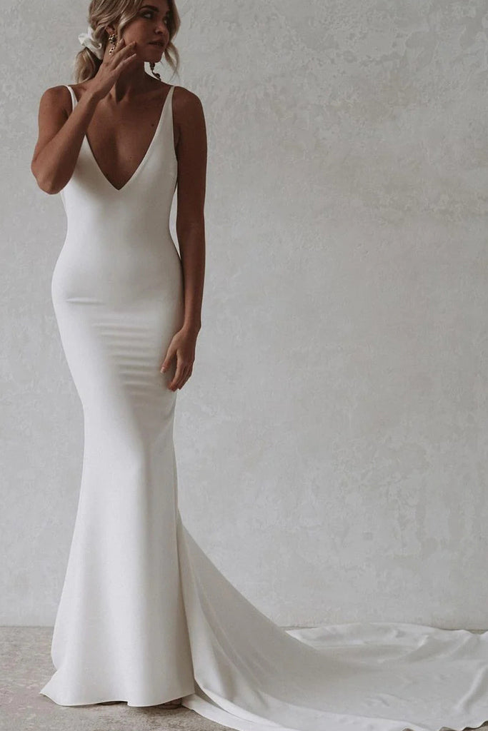 Fashion Mermaid V Neck Elastic Satin Long Wedding Dresses with Appliques VK240100507
