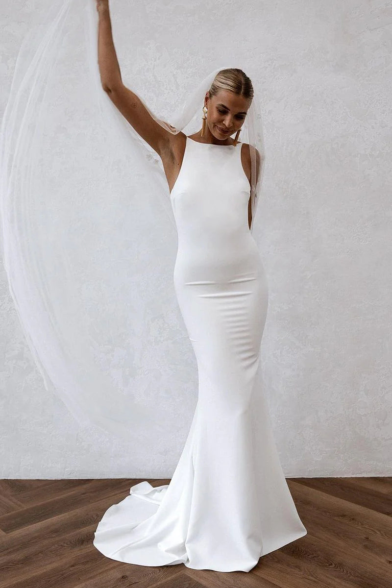 Elegant Simple Mermaid Scoop Neck Soft Satin Long Wedding Dresses VK23050804-1