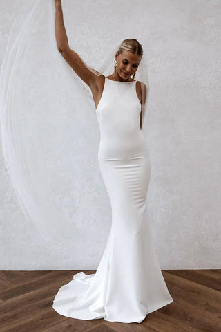 Elegant Simple Mermaid Scoop Neck Soft Satin Long Wedding Dresses VK23050804-1
