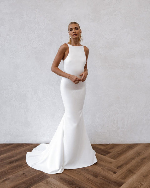 Elegant Simple Mermaid Scoop Neck Soft Satin Long Wedding Dresses VK23050804-2