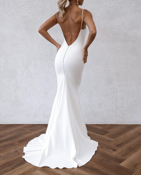 Elegant Simple Mermaid Scoop Neck Soft Satin Long Wedding Dresses VK23050804-3