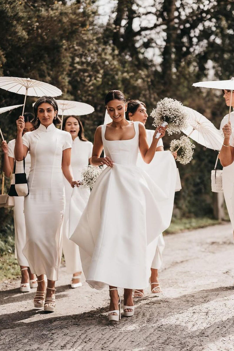 Simple A-Line Square Neck White Satin Wedding Dresses VK23122909 β Vickidress