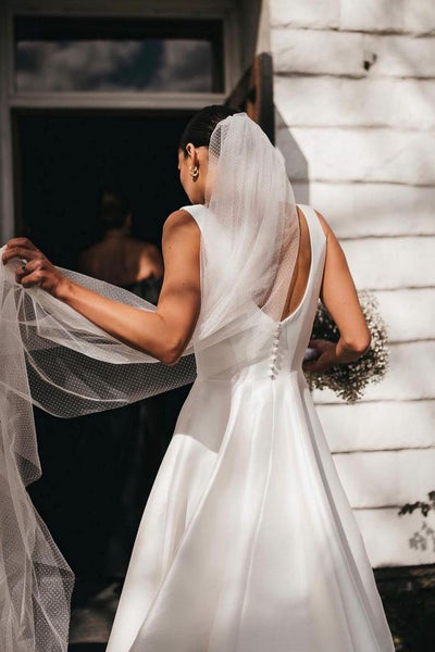 Exquisite A-Line Square Neck White Satin Wedding Dresses VK23122909-2