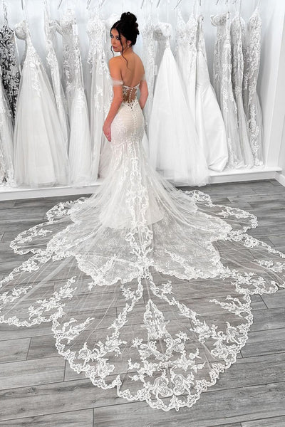 Exquisite Mermaid Off the Shoulder Tulle Wedding Dresses with Appliques VK24051002