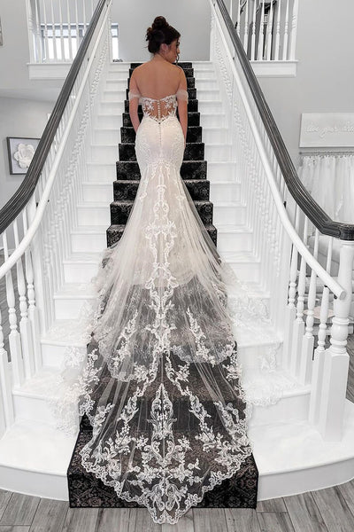 Exquisite Mermaid Off the Shoulder Tulle Wedding Dresses with Appliques VK24051002