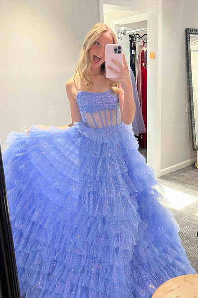 Cute A Line Strapless Glitter Tulle Long Prom Dresses