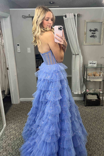 Cute A Line Strapless Glitter Tulle Long Prom Dresses