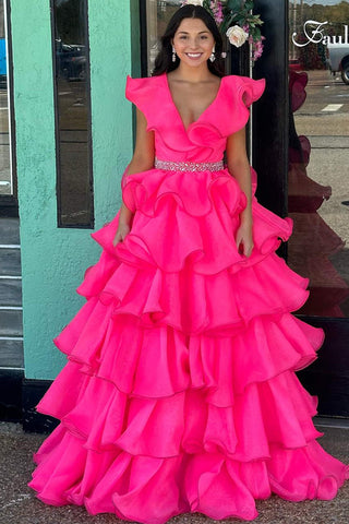 Gorgeous Ball Gown Hot Pink V-Neck Ruffle Tiered Long Prom Dresses