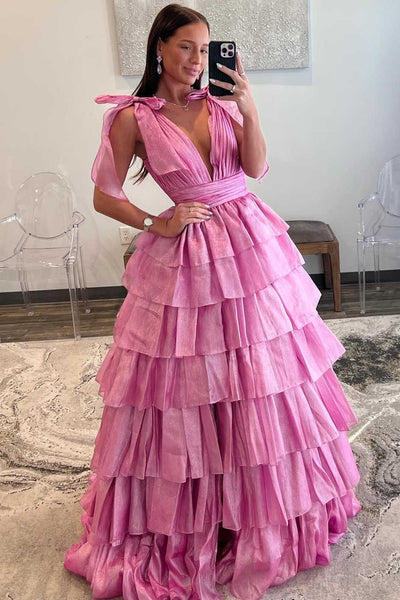 Fairy Ball Gown V Neck Pink Tiered Organza Long Prom Dress