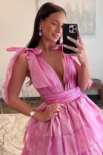 Fairy Ball Gown V Neck Pink Tiered Organza Long Prom Dress