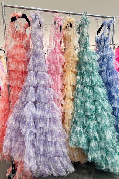 Fairy A Line V-Neck Coral Floral Print Layered Tulle Long Prom Dress with Slit
