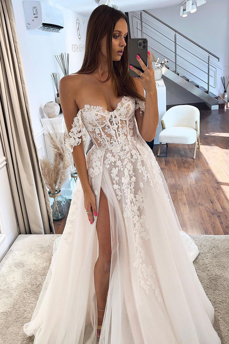 Fairy A Line Sweetheart Tulle Wedding Dresses with Appliques VK0731106-1