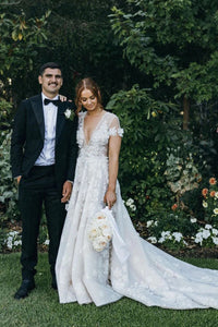 Fairy A Line V Neck Cap Sleeves Tulle Wedding Dresses with Lace VK122805-1