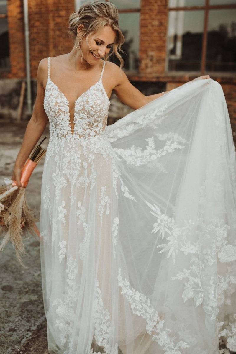 Fairy A Line V Neck Tulle Wedding Dresses with Appliques VK0731104-1