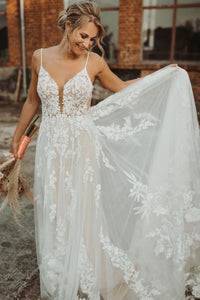 Fairy A Line V Neck Tulle Wedding Dresses with Appliques VK0731104-1