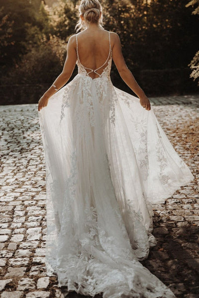 Fairy A Line V Neck Tulle Wedding Dresses with Appliques VK0731104-2
