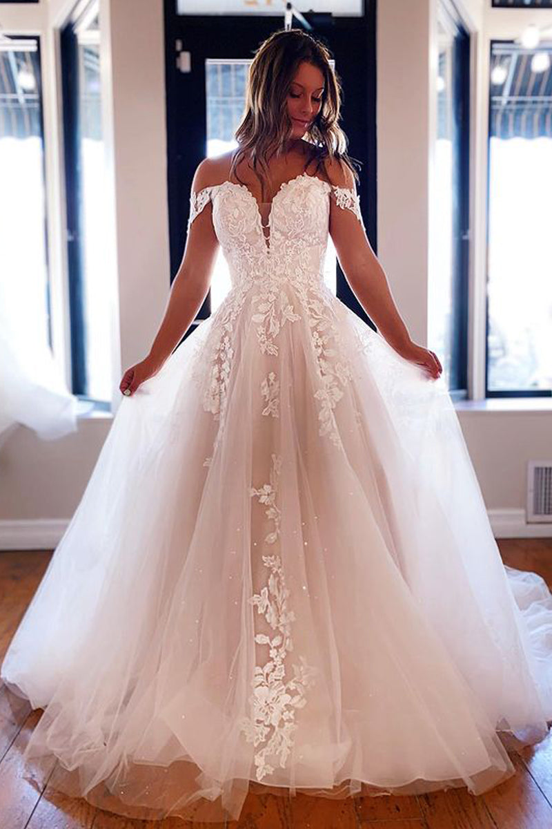 Fairy Ball Gown Off the Shoulder Tulle Wedding Dresses with Appliques VK0731103-1