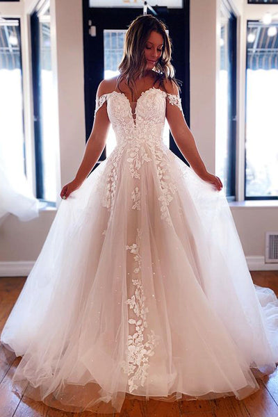 Fairy Ball Gown Off the Shoulder Tulle Wedding Dresses with Appliques VK0731103-1