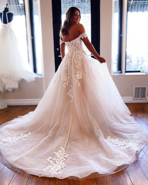 Fairy Ball Gown Off the Shoulder Tulle Wedding Dresses with Appliques VK0731103-2