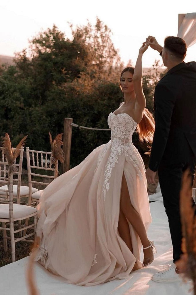 Ball Gown Sweetheart Dark Champagne Tulle Slit Wedding Dresses with Ap – Vickidress