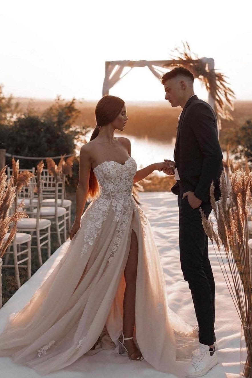 Fairy A Line Sweetheart Dark Champagne Tulle Wedding Dresses with Appliques  VK23061408 – Vickidress
