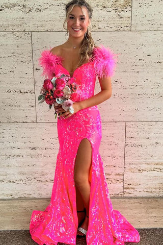 Fashion Mermaid Fuchsia Sequins Off the Shoulder Prom Dresses VK240731151-1