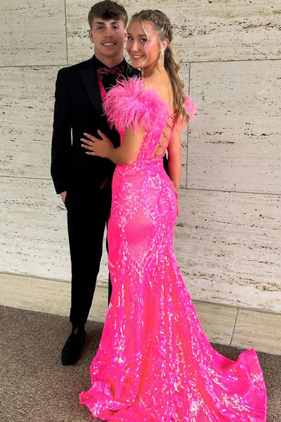 Fashion Mermaid Fuchsia Sequins Off the Shoulder Prom Dresses VK240731151-2