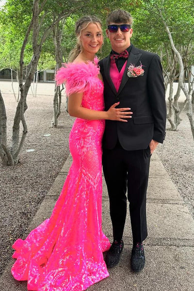 Fashion Mermaid Fuchsia Sequins Off the Shoulder Prom Dresses VK240731151-3