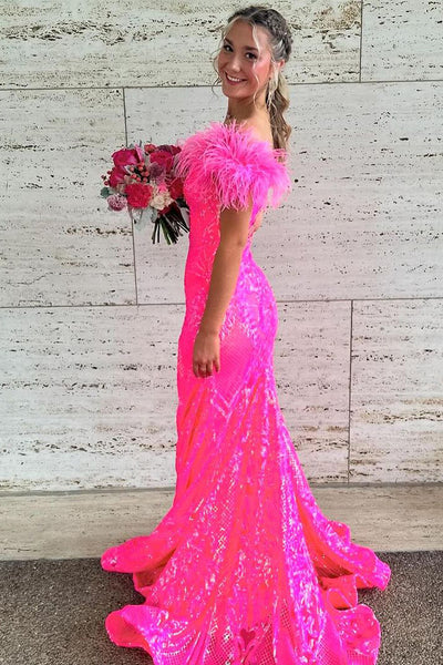 Fashion Mermaid Fuchsia Sequins Off the Shoulder Prom Dresses VK240731151-4