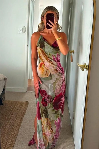 Floral Print Halter Neck Open Back Prom Dress with Draped Neckline