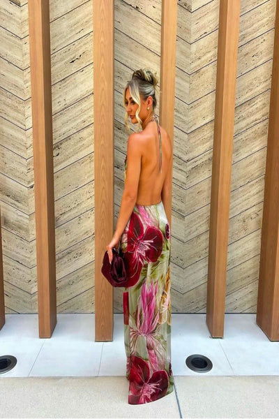 Floral Print Halter Neck Open Back Prom Dress with Draped Neckline