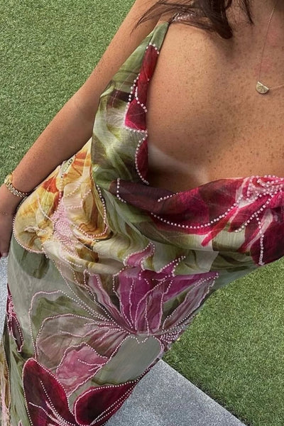 Floral Print Halter Neck Open Back Prom Dress with Draped Neckline