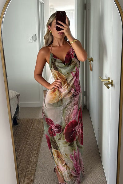 Floral Print Halter Neck Open Back Prom Dress with Draped Neckline