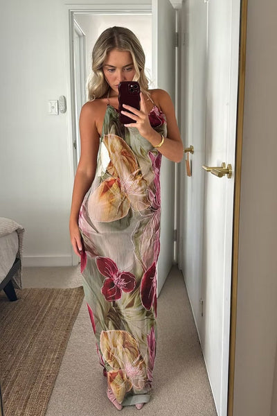 Floral Print Halter Neck Open Back Prom Dress with Draped Neckline