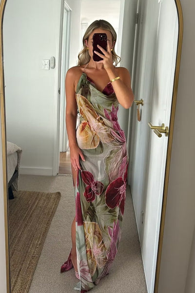 Floral Print Halter Neck Open Back Prom Dress with Draped Neckline
