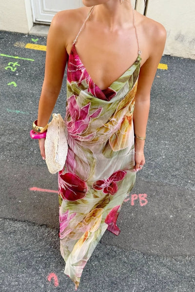 Floral Print Halter Neck Open Back Prom Dress with Draped Neckline