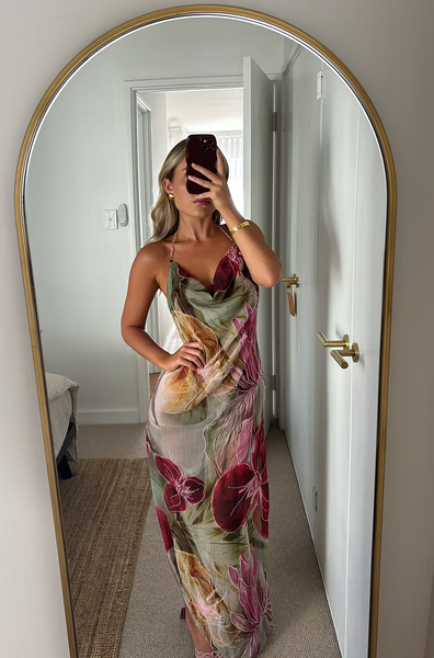 Floral Print Halter Neck Open Back Prom Dress with Draped Neckline