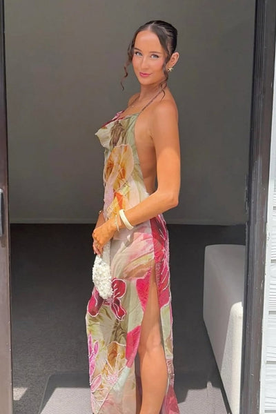 Floral Print Halter Neck Open Back Prom Dress with Draped Neckline
