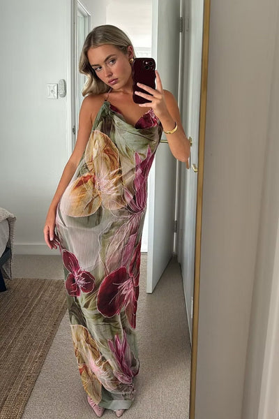 Floral Print Halter Neck Open Back Prom Dress with Draped Neckline