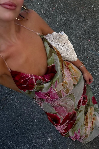 Floral Print Halter Neck Open Back Prom Dress with Draped Neckline