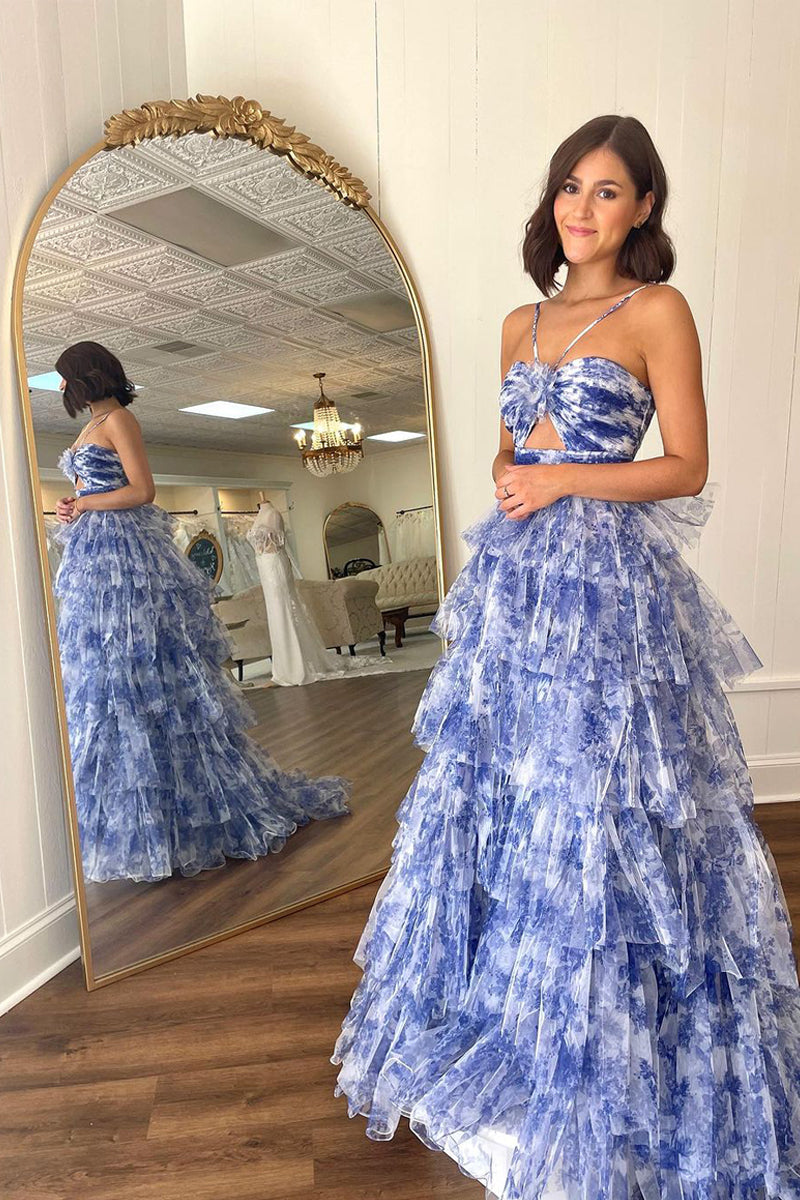 Flowy Halter Blue Floral Printed Ruffle Tiered Long Prom Dresses VK24011603-1