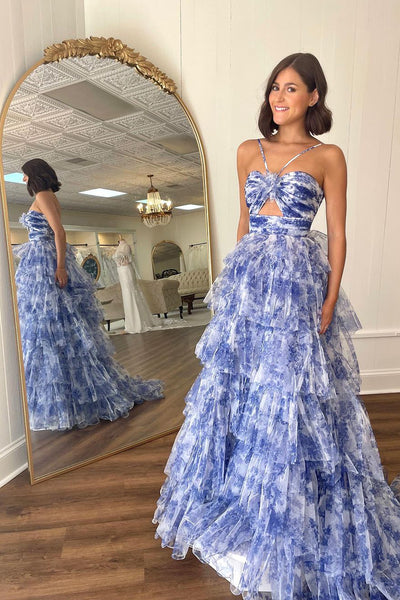 Flowy Halter Blue Floral Printed Ruffle Tiered Long Prom Dresses VK24011603-2