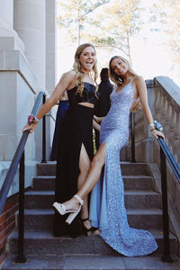 Free Shipping Cute Mermaid V Neck Light Blue Velvet Sequins Prom Dresses with Slit VK22022204