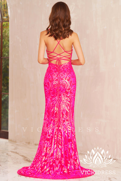 Fuchsia Sequins Lace Mermaid Long Prom Dress with Slit VK23121904-3