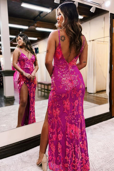 Fuchsia Sequins Lace V Neck Mermaid Long Prom Dress with Slit VK23123106