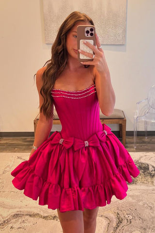 Fuchsia Strapless A-Line Short Homecoming Dresses with Bows VK24081102