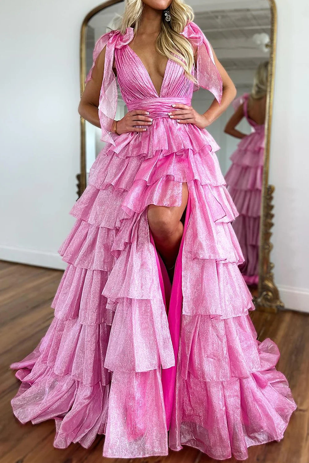 Glitter A Line V Neck Pink Ruffle Tiered Long Prom Dress with Slit VK23122004-1