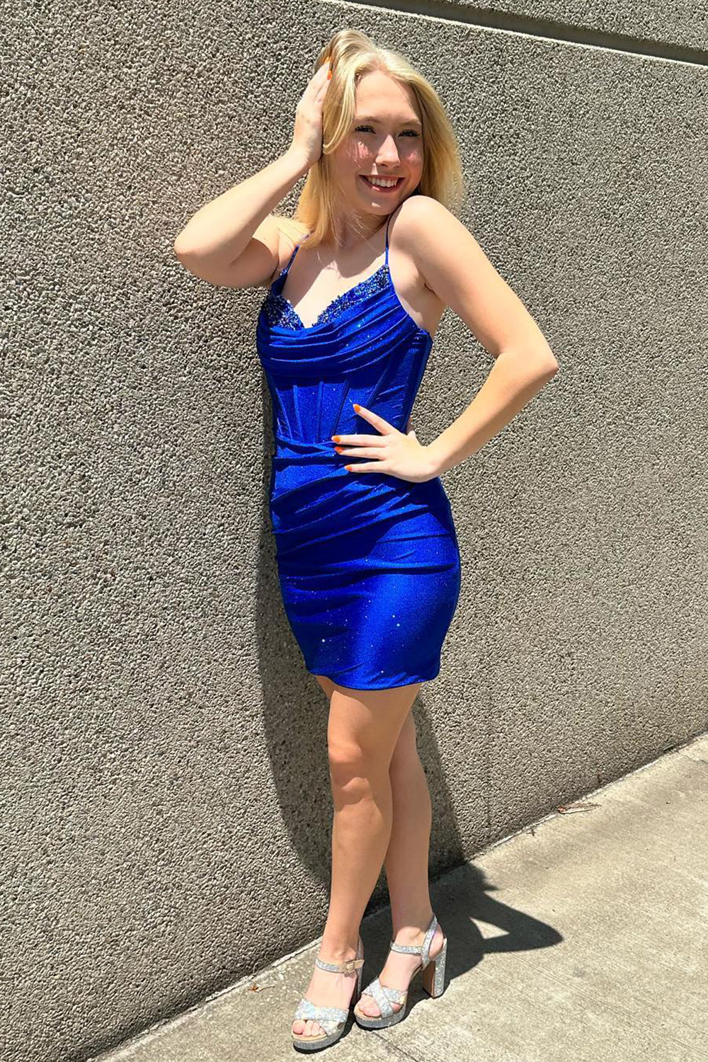 Glitter Bodycon Sweetheart Royal Blue Tight Short Homecoming Dress with Beadings VK240902605