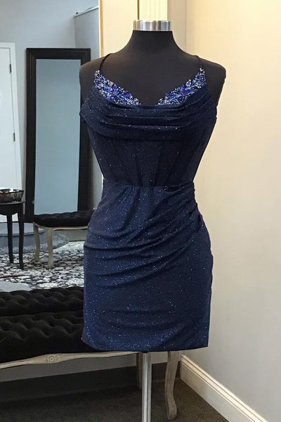 Glitter Bodycon Sweetheart Royal Blue Tight Short Homecoming Dress with Beadings VK240902605